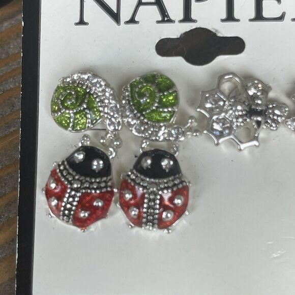 NWT Napier 3 Pair Stud Earrings Set Bumble Bee Ladybug Snail Silver Tone Enamel - Picture 3 of 5